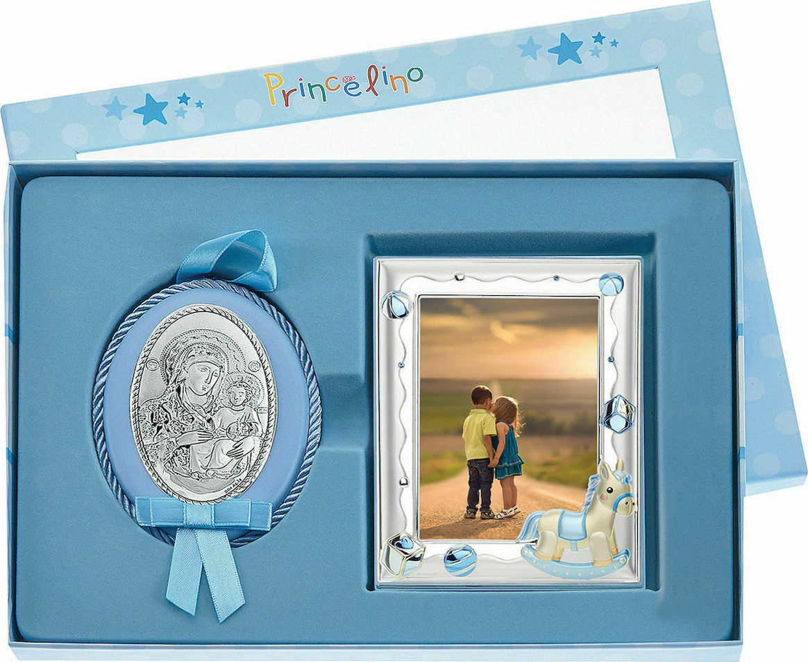 Princelino Ασημένια Κορνίζα 9cm x 13cm Και Παναγίτσα Γαλάζια MA/S140-3C